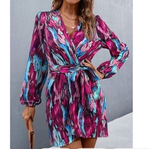 SHEIN Pink and Blue Wrap Dress with Bishop Sleeves